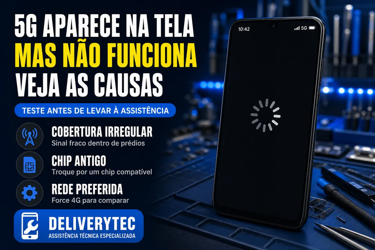 5G Aparece na Tela mas Não Funciona? Veja as Causas — ilustração do artigo da Delivery Tec, assistência técnica de celular em São José do Rio Preto