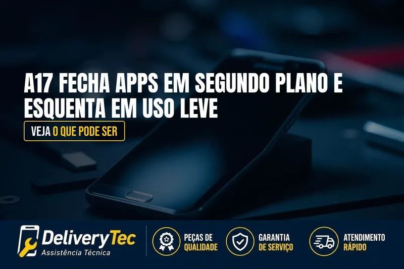 A17 Fecha Apps em Segundo Plano e Esquenta em Uso Leve? Veja o que Pode Ser — ilustração do artigo da Delivery Tec, assistência técnica de celular em São José do Rio Preto