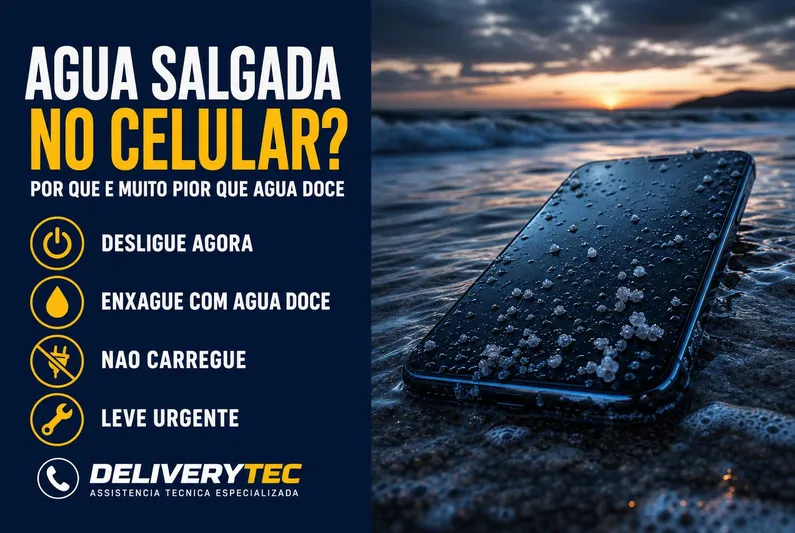 Água salgada no celular: por que é muito pior que água doce — ilustração do artigo da Delivery Tec, assistência técnica de celular em São José do Rio Preto