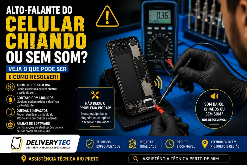 Alto-falante do celular chiando ou sem som? Veja o que pode ser — ilustração do artigo da Delivery Tec, assistência técnica de celular em São José do Rio Preto