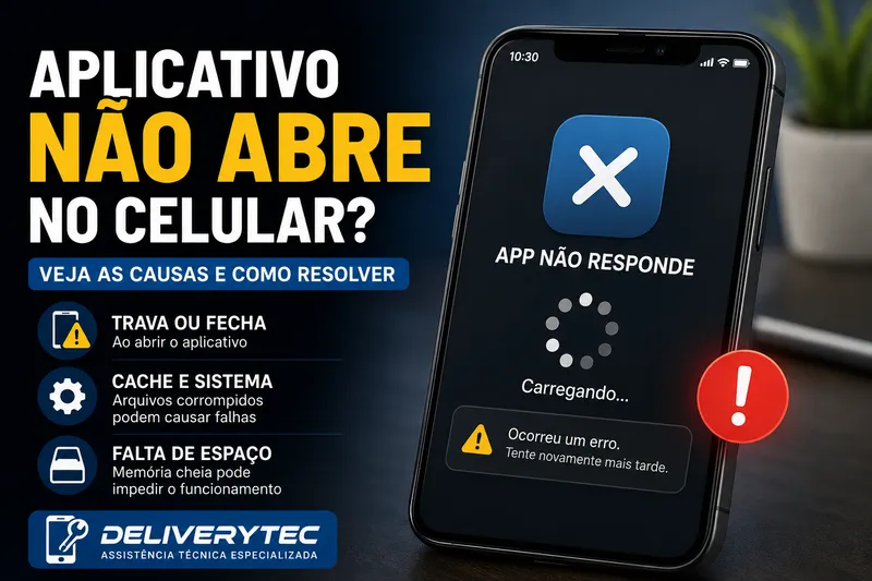 Aplicativo não abre no celular? Como resolver passo a passo — ilustração do artigo da Delivery Tec, assistência técnica de celular em São José do Rio Preto
