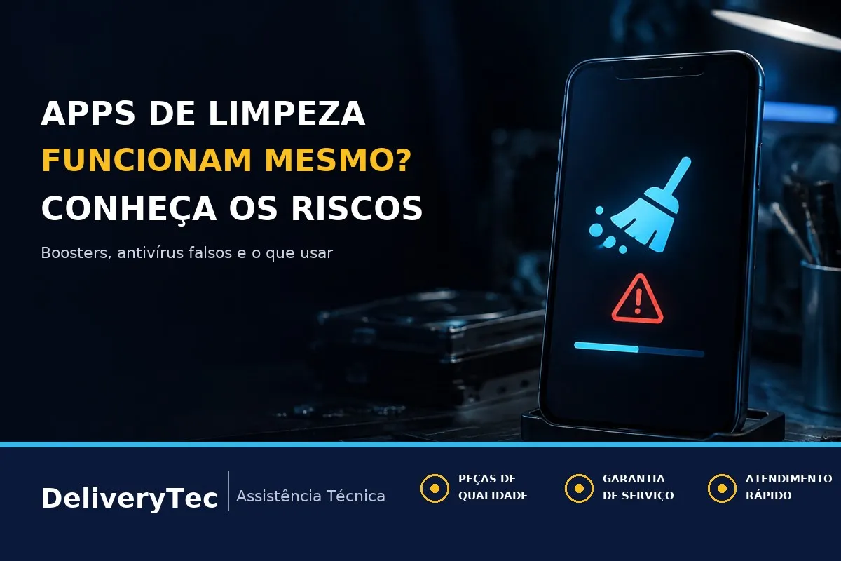 Apps de Limpeza e Otimizadores Funcionam? Veja os Riscos — ilustração do artigo da Delivery Tec, assistência técnica de celular em São José do Rio Preto