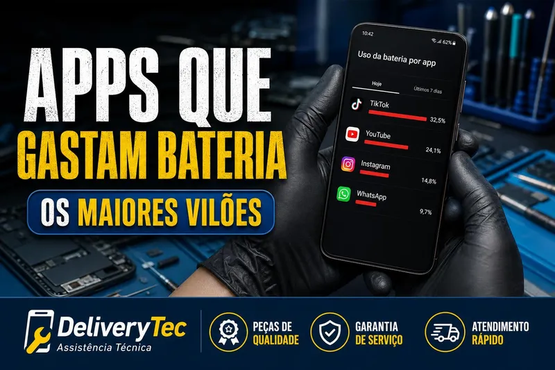 Apps que mais consomem bateria: os 10 maiores vilões — ilustração do artigo da Delivery Tec, assistência técnica de celular em São José do Rio Preto