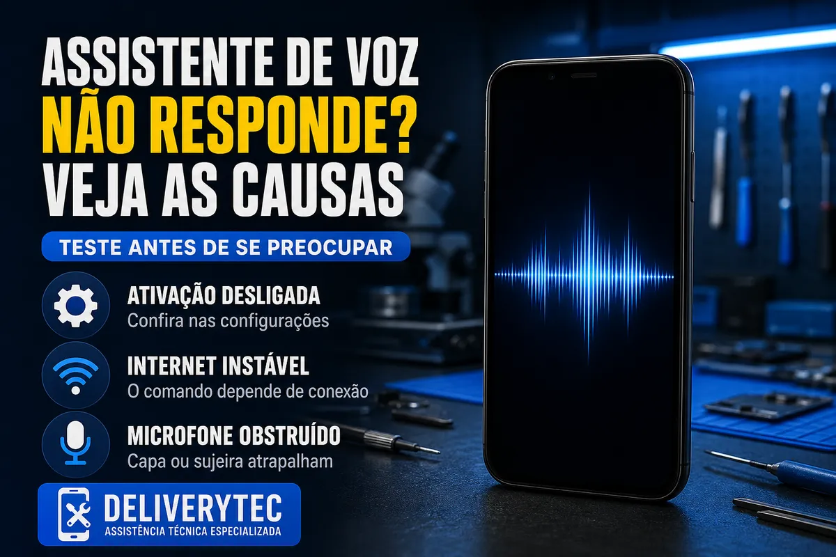Assistente de Voz Não Responde? Veja as Causas (Siri e Google Assistente) — ilustração do artigo da Delivery Tec, assistência técnica de celular em São José do Rio Preto