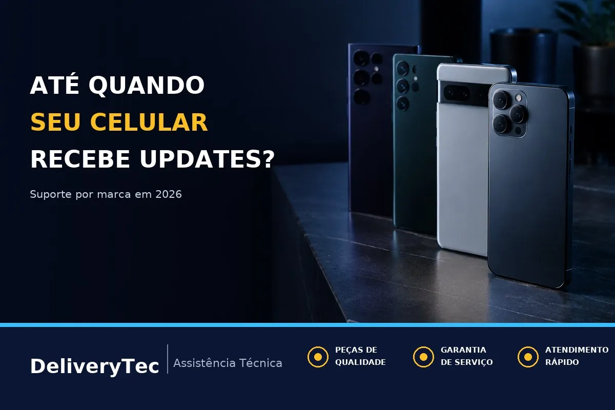 Até Quando o Seu Celular Recebe Atualizações? Guia 2026 de Suporte por Marca — ilustração do artigo da Delivery Tec, assistência técnica de celular em São José do Rio Preto
