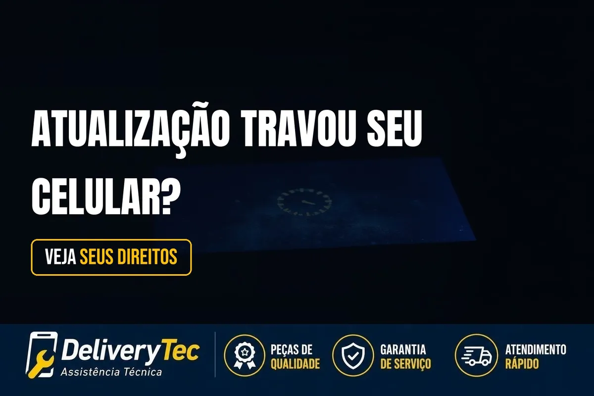Atualização Travou seu Celular? Veja Quando a Fabricante Deve Consertar de Graça — ilustração do artigo da Delivery Tec, assistência técnica de celular em São José do Rio Preto