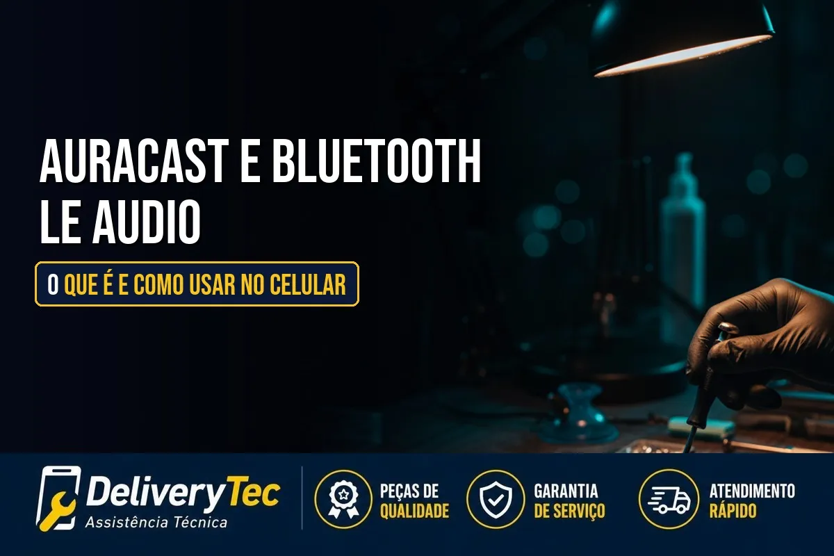 Auracast e Bluetooth LE Audio: O que É e Como Usar no Celular — ilustração do artigo da Delivery Tec, assistência técnica de celular em São José do Rio Preto