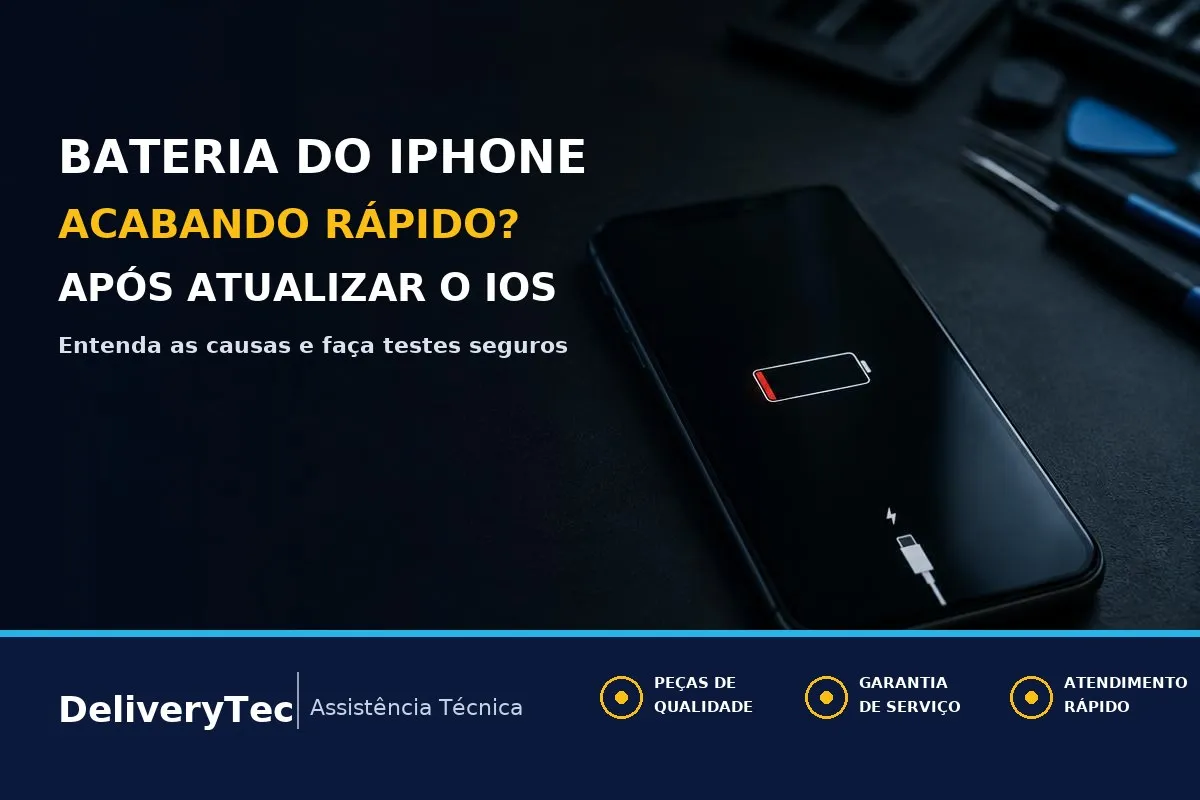 Bateria acabando rápido depois da atualização do iOS 27? Entenda e resolva — ilustração do artigo da Delivery Tec, assistência técnica de celular em São José do Rio Preto