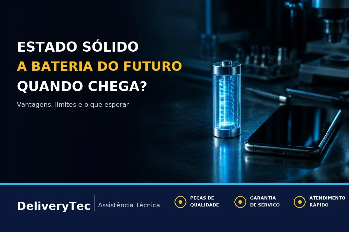 Bateria de Estado Sólido no Celular: O que É e Quando Chega — ilustração do artigo da Delivery Tec, assistência técnica de celular em São José do Rio Preto