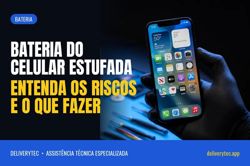 Bateria do Celular Estufada? Entenda os Riscos e o que Fazer — ilustração do artigo da Delivery Tec, assistência técnica de celular em São José do Rio Preto