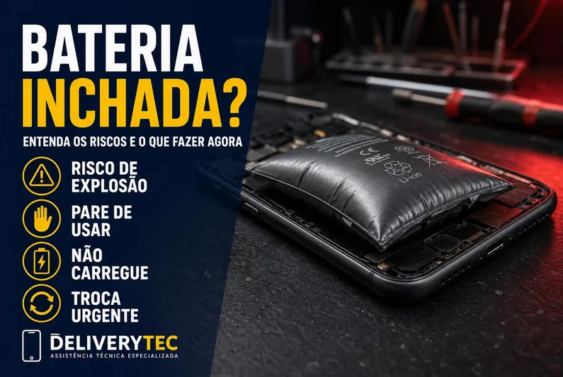 Bateria do celular inchando? Entenda os riscos e o que fazer com urgência — ilustração do artigo da Delivery Tec, assistência técnica de celular em São José do Rio Preto