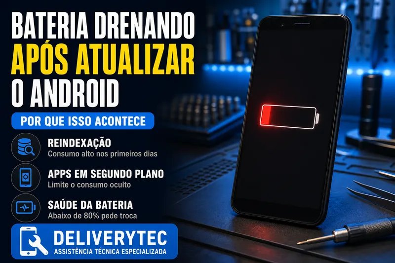 Bateria do Galaxy Drenando Rápido Após a One UI 8? Veja o que Está Acontecendo — ilustração do artigo da Delivery Tec, assistência técnica de celular em São José do Rio Preto