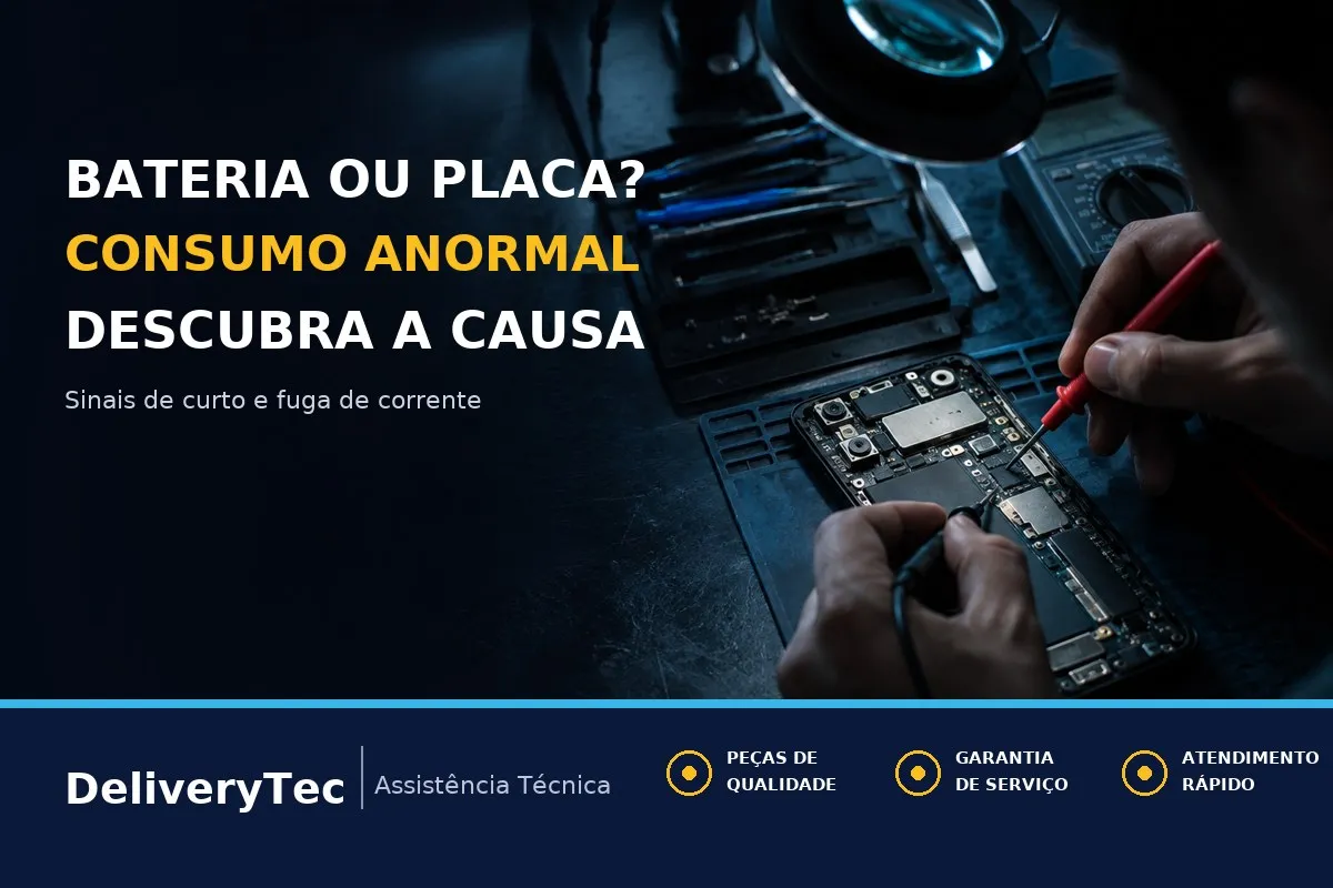 Bateria ou Placa? Como Saber se o Consumo Anormal Vem de um Defeito Interno — ilustração do artigo da Delivery Tec, assistência técnica de celular em São José do Rio Preto