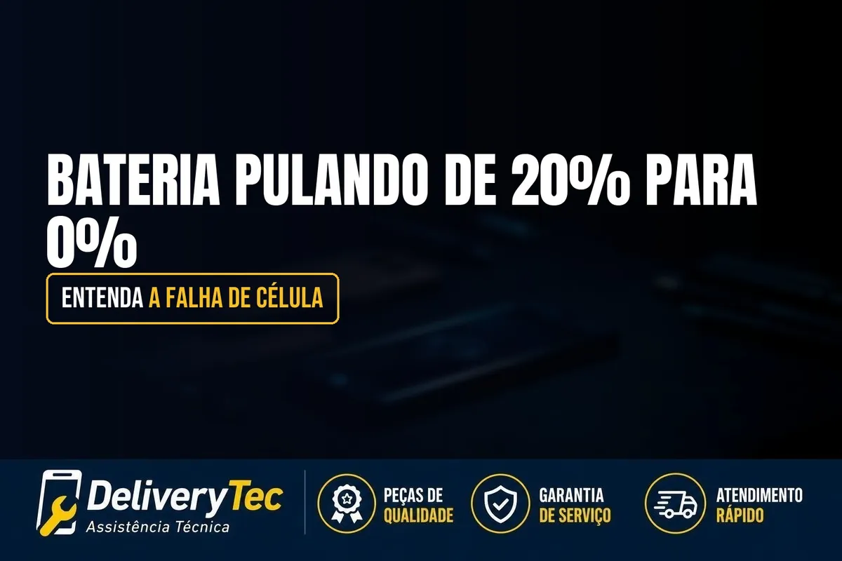 Bateria Pulando de 20% para 0%? Entenda a Falha de Célula — ilustração do artigo da Delivery Tec, assistência técnica de celular em São José do Rio Preto