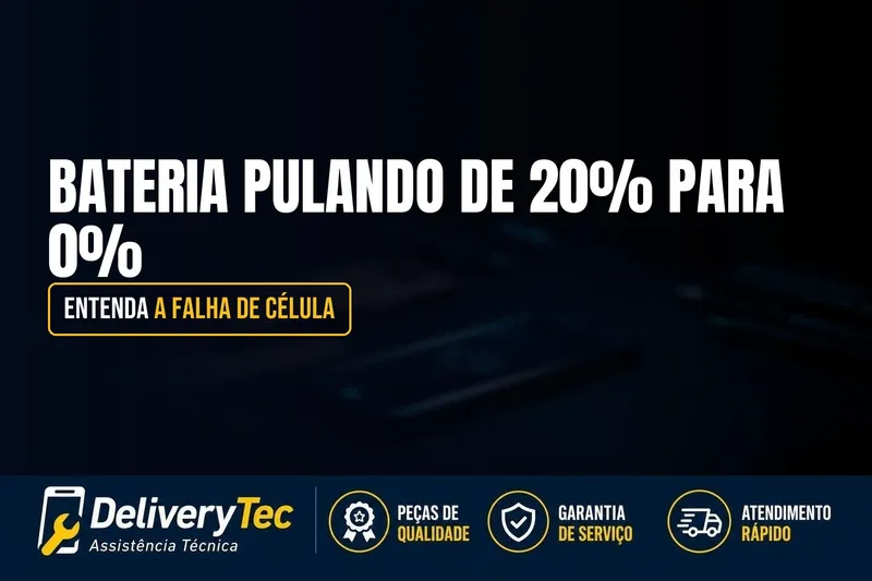 Bateria Pulando de 20% para 0%? Entenda a Falha de Célula — ilustração do artigo da Delivery Tec, assistência técnica de celular em São José do Rio Preto