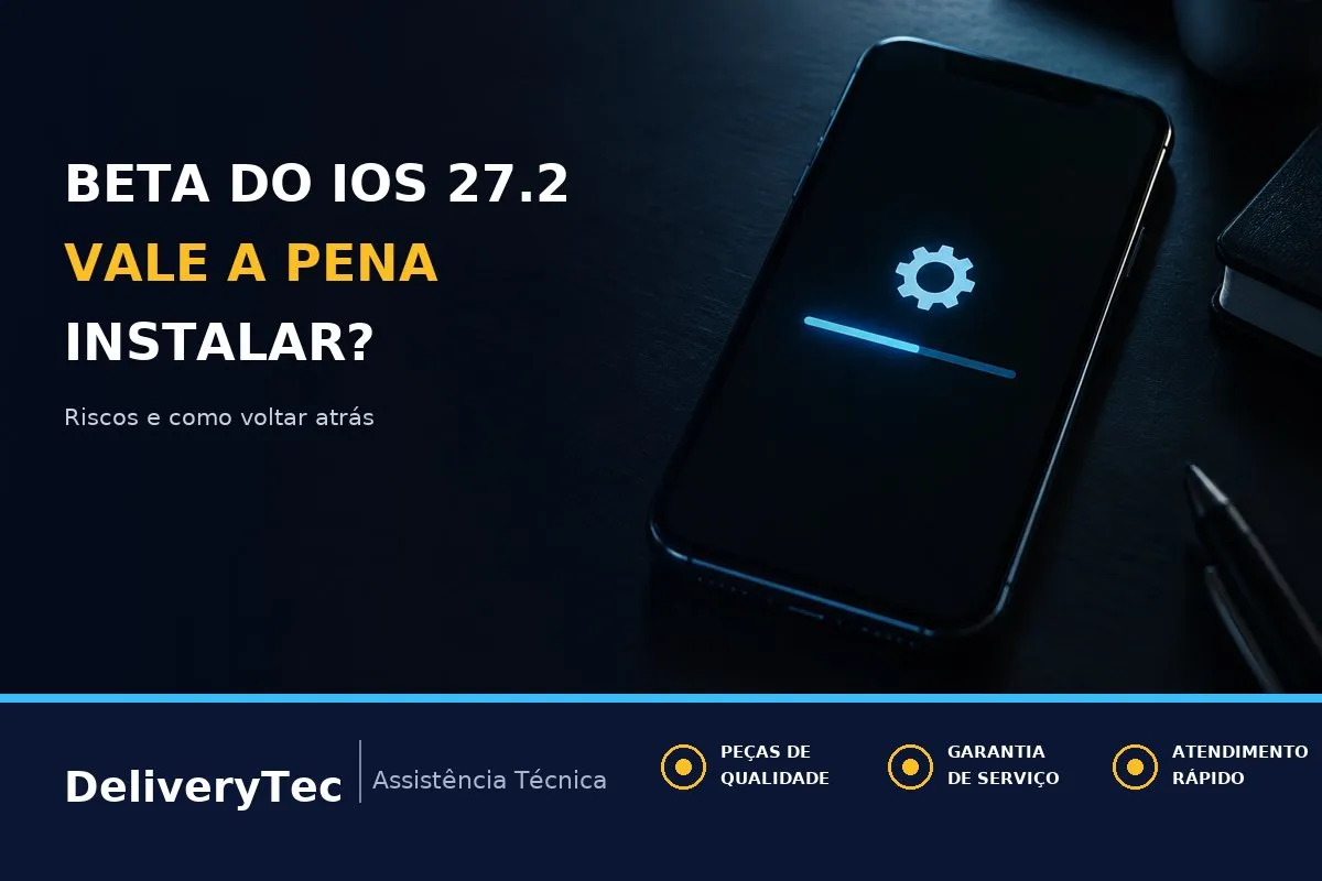 Beta Pública do iOS 27.2: Vale a Pena Instalar? Riscos para o Seu iPhone — ilustração do artigo da Delivery Tec, assistência técnica de celular em São José do Rio Preto