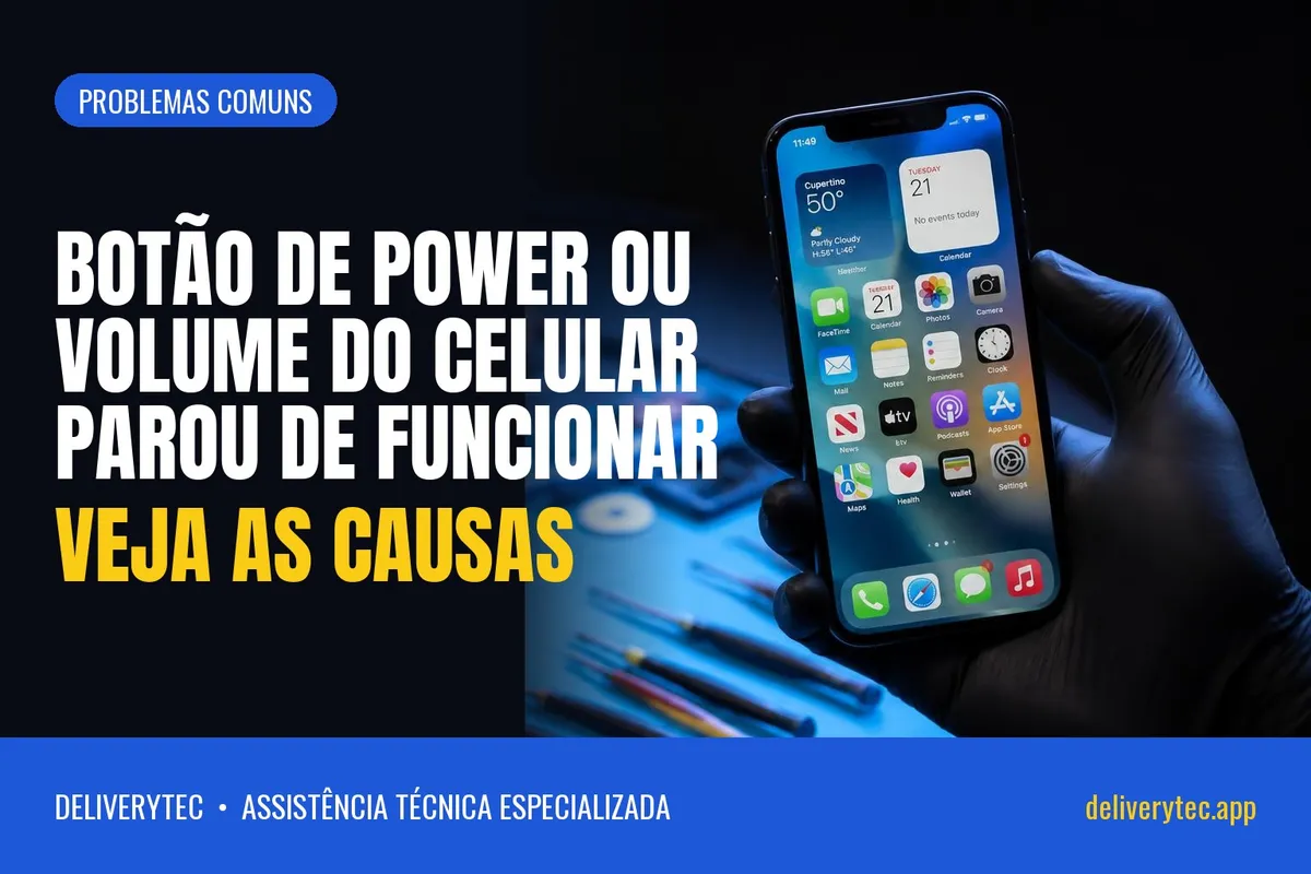 Botão de Power ou Volume do Celular Parou de Funcionar? Veja as Causas — ilustração do artigo da Delivery Tec, assistência técnica de celular em São José do Rio Preto