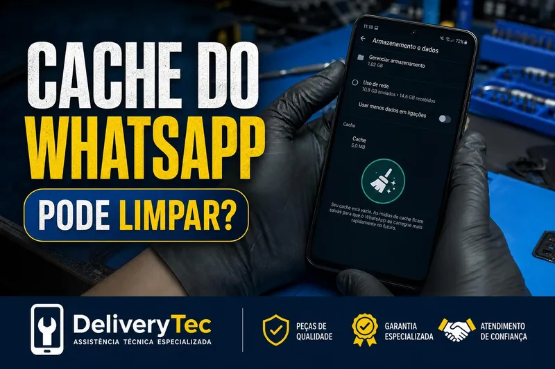 Cache do WhatsApp: pode limpar sem perder conversas — ilustração do artigo da Delivery Tec, assistência técnica de celular em São José do Rio Preto