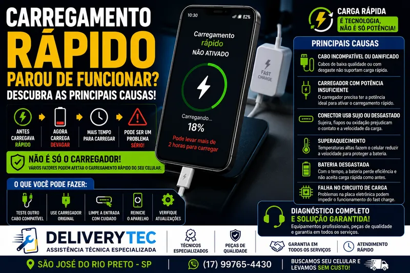 Carregamento rápido parou de funcionar? Descubra as principais causas — ilustração do artigo da Delivery Tec, assistência técnica de celular em São José do Rio Preto