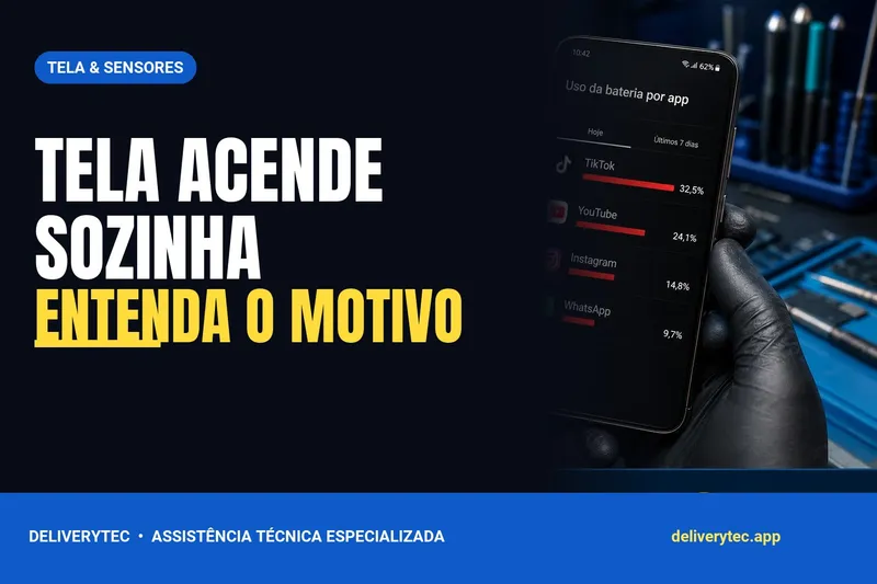 Celular acende a tela sozinho? 7 causas e como parar isso — ilustração do artigo da Delivery Tec, assistência técnica de celular em São José do Rio Preto
