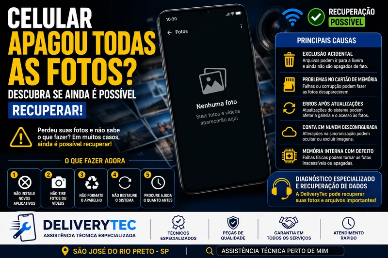 Celular apagou todas as fotos? Descubra se ainda é possível recuperar — ilustração do artigo da Delivery Tec, assistência técnica de celular em São José do Rio Preto