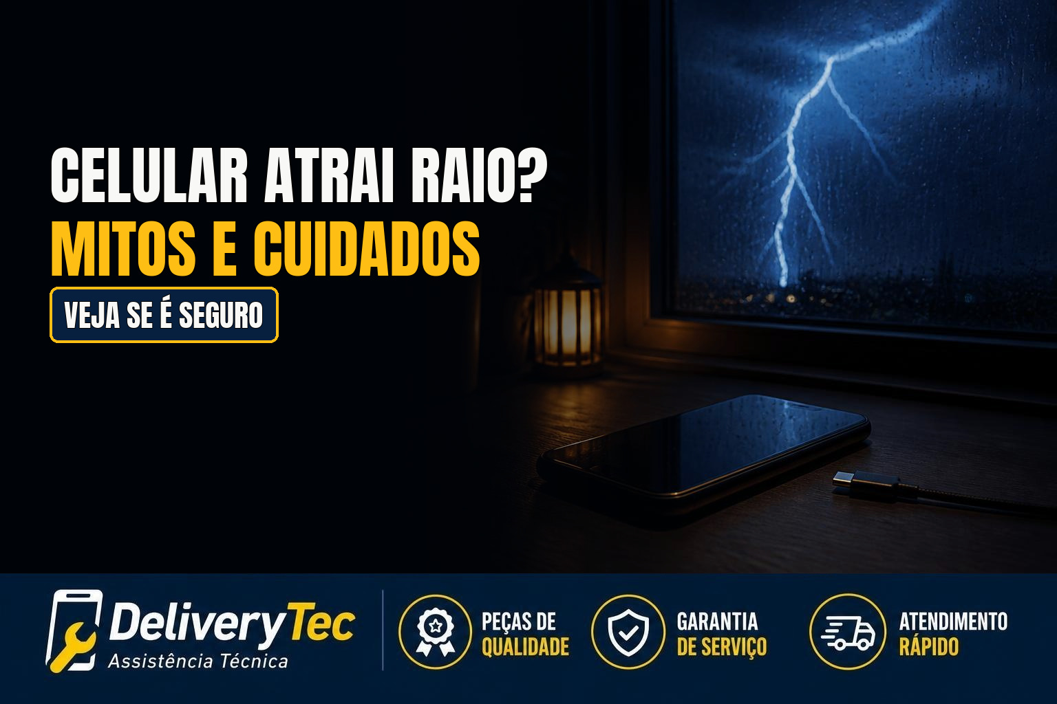 Celular Atrai Raio? Veja se é Seguro Usar Durante Tempestades — ilustração do artigo da Delivery Tec, assistência técnica de celular em São José do Rio Preto