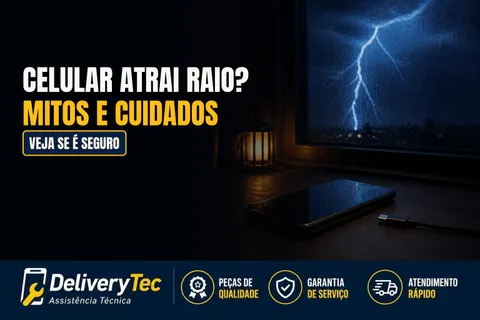Celular Atrai Raio? Veja se é Seguro Usar Durante Tempestades — ilustração do artigo da Delivery Tec, assistência técnica de celular em São José do Rio Preto