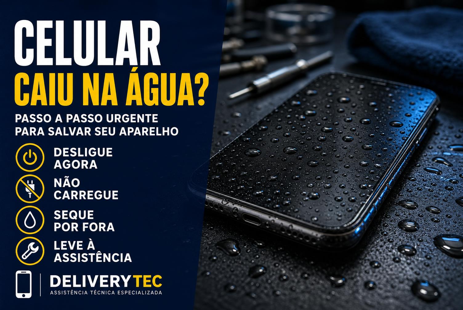 Celular caiu na água? Passo a passo urgente para salvar seu aparelho — ilustração do artigo da Delivery Tec, assistência técnica de celular em São José do Rio Preto