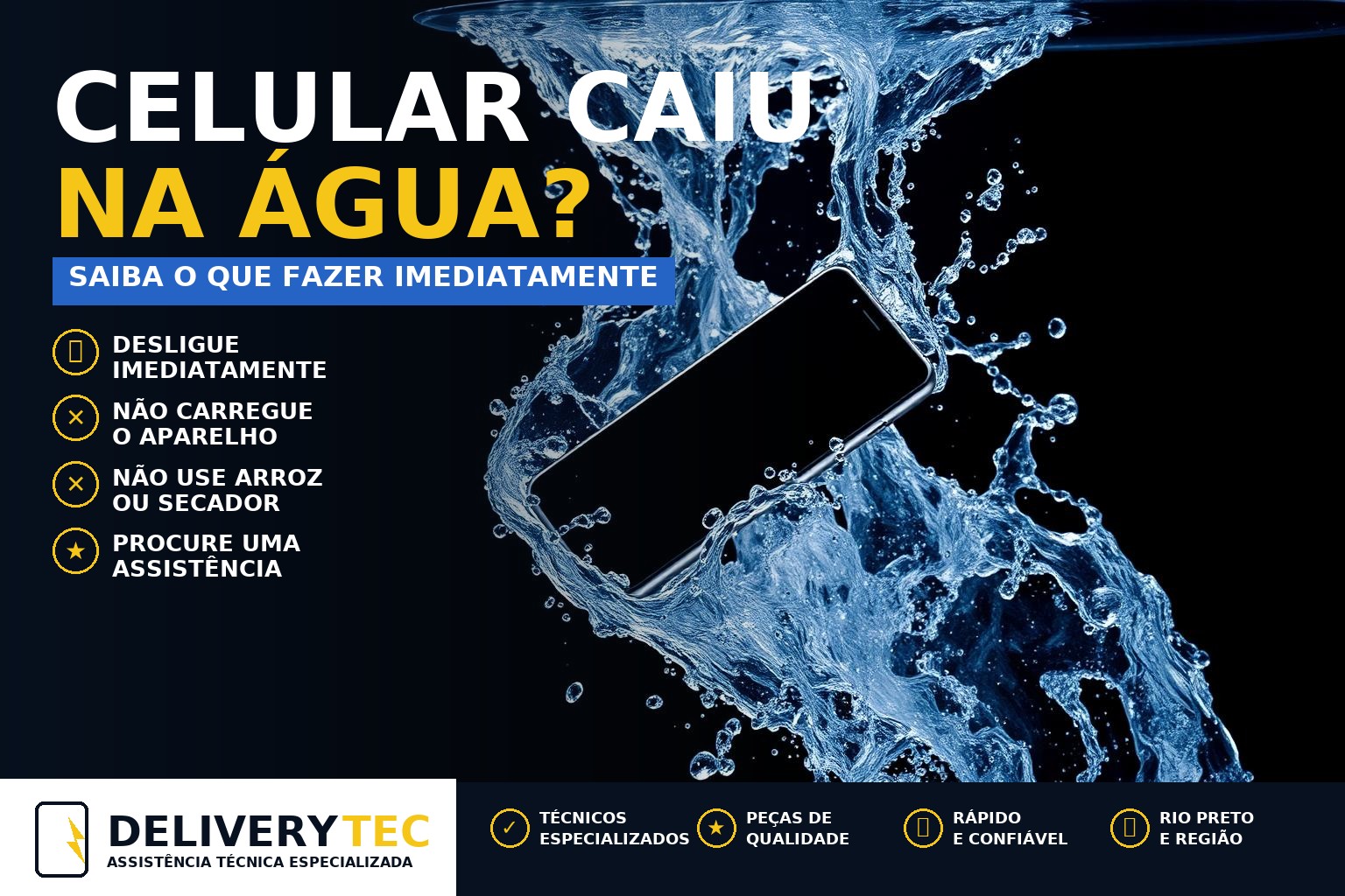 Celular caiu na água? Saiba o que fazer imediatamente e evite prejuízos — ilustração do artigo da Delivery Tec, assistência técnica de celular em São José do Rio Preto