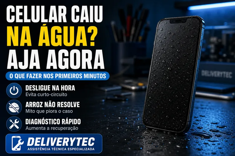 Celular Caiu na Água? Veja o que Fazer nos Primeiros Minutos — ilustração do artigo da Delivery Tec, assistência técnica de celular em São José do Rio Preto