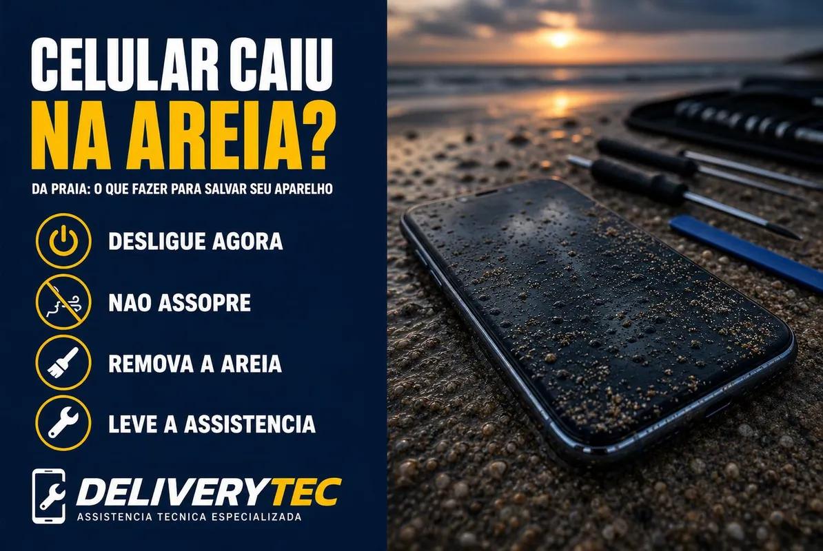 Celular caiu na areia da praia? Veja o que fazer para salvar o aparelho — ilustração do artigo da Delivery Tec, assistência técnica de celular em São José do Rio Preto