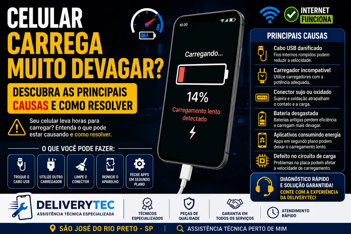Celular carrega muito devagar? Descubra as principais causas e como resolver — ilustração do artigo da Delivery Tec, assistência técnica de celular em São José do Rio Preto