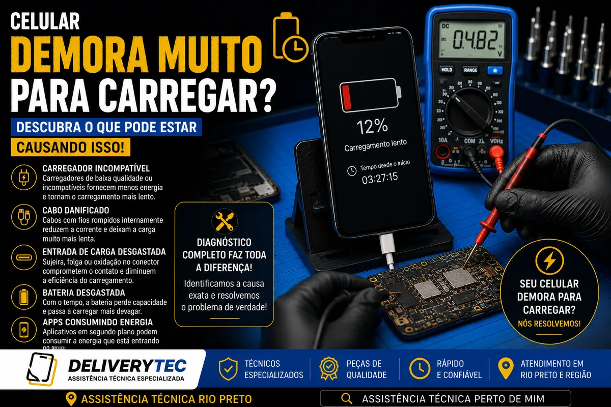 Celular demora muito para carregar? Descubra o que pode estar causando isso — ilustração do artigo da Delivery Tec, assistência técnica de celular em São José do Rio Preto
