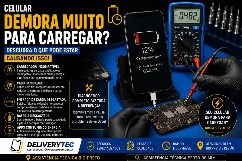 Celular demora muito para carregar? Descubra o que pode estar causando isso — ilustração do artigo da Delivery Tec, assistência técnica de celular em São José do Rio Preto