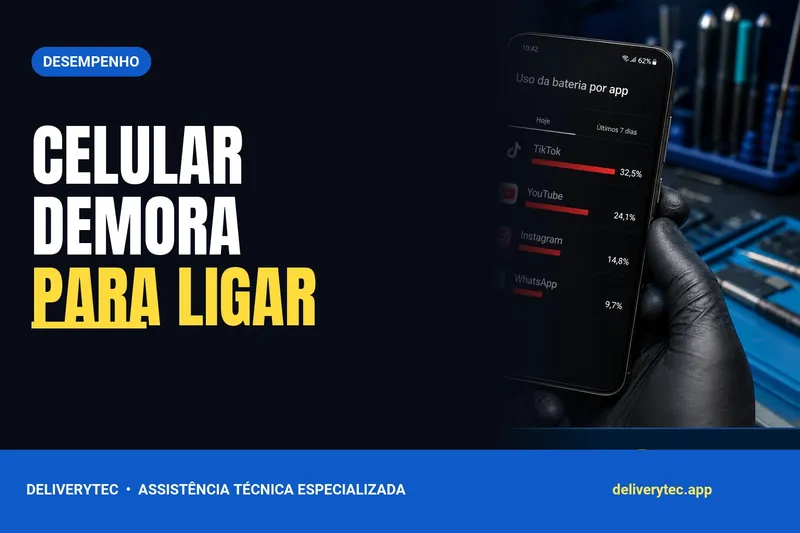 Celular demora para ligar? Descubra as principais causas e como resolver — ilustração do artigo da Delivery Tec, assistência técnica de celular em São José do Rio Preto