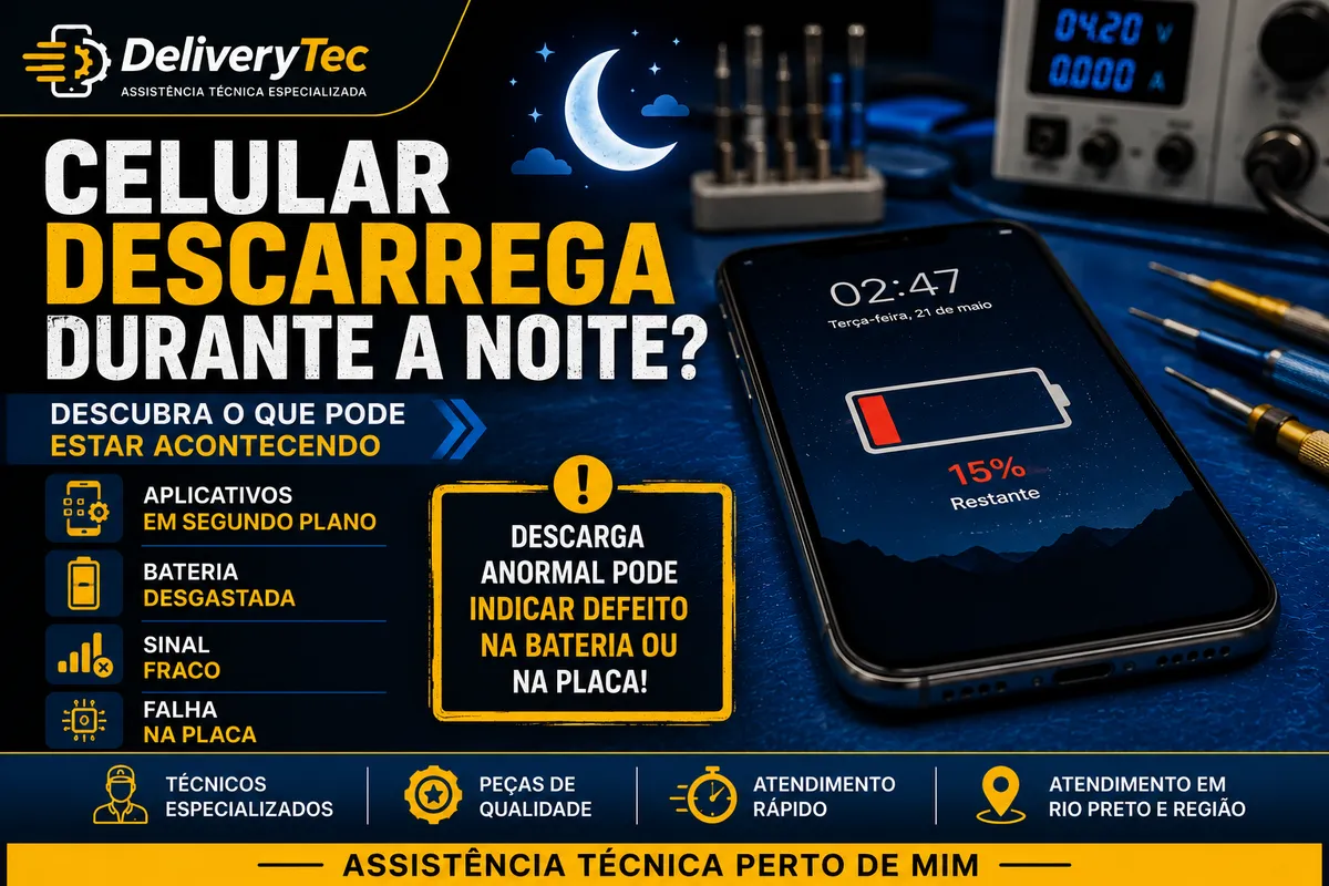 Celular descarrega durante a noite? Veja o que pode estar causando isso — ilustração do artigo da Delivery Tec, assistência técnica de celular em São José do Rio Preto