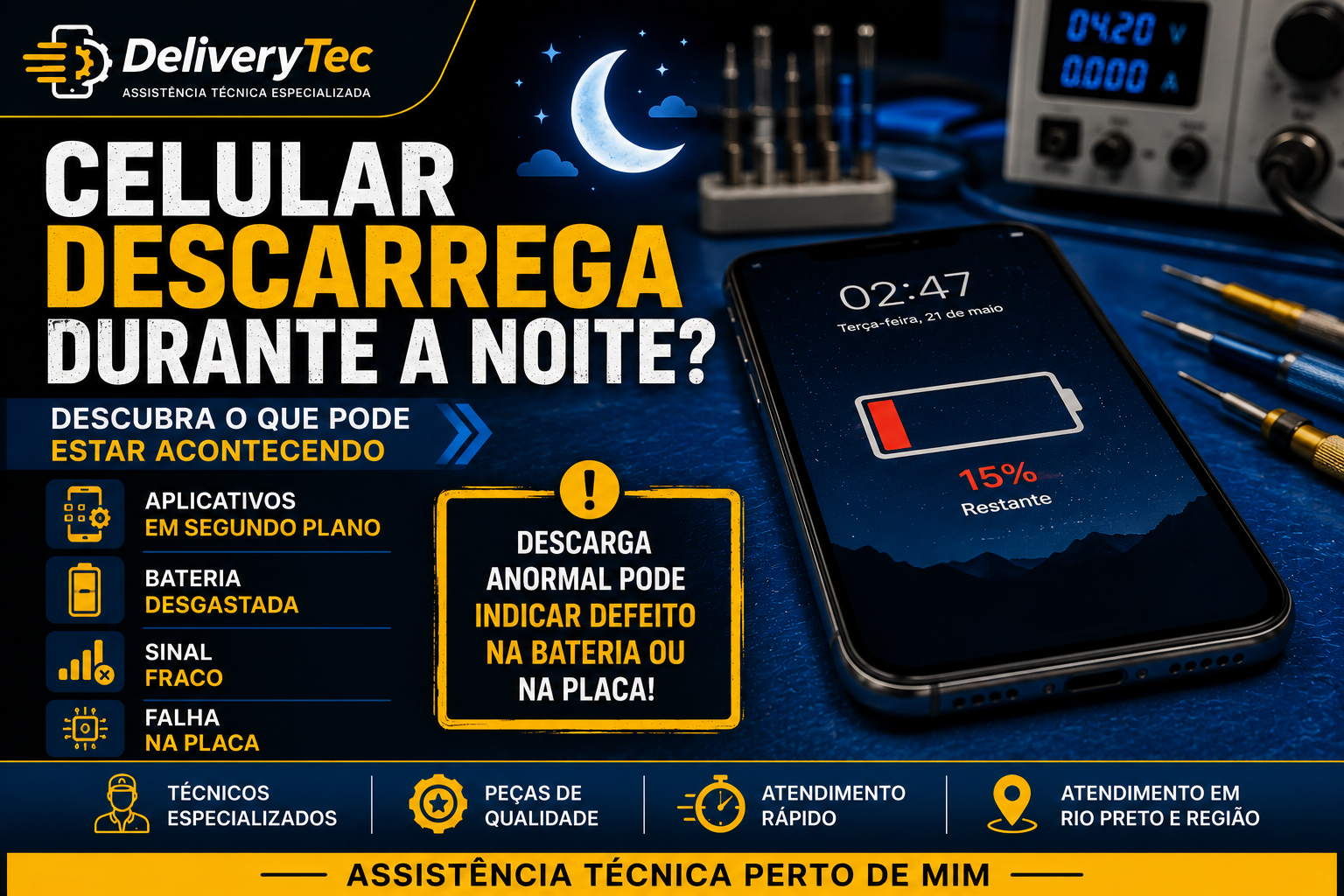 Celular descarrega durante a noite? Veja o que pode estar causando isso — ilustração do artigo da Delivery Tec, assistência técnica de celular em São José do Rio Preto
