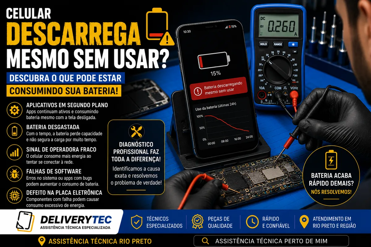 Celular descarrega mesmo sem usar? Descubra o que pode estar consumindo sua bateria — ilustração do artigo da Delivery Tec, assistência técnica de celular em São José do Rio Preto