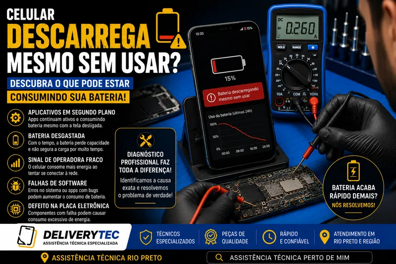 Celular descarrega mesmo sem usar? Descubra o que pode estar consumindo sua bateria — ilustração do artigo da Delivery Tec, assistência técnica de celular em São José do Rio Preto