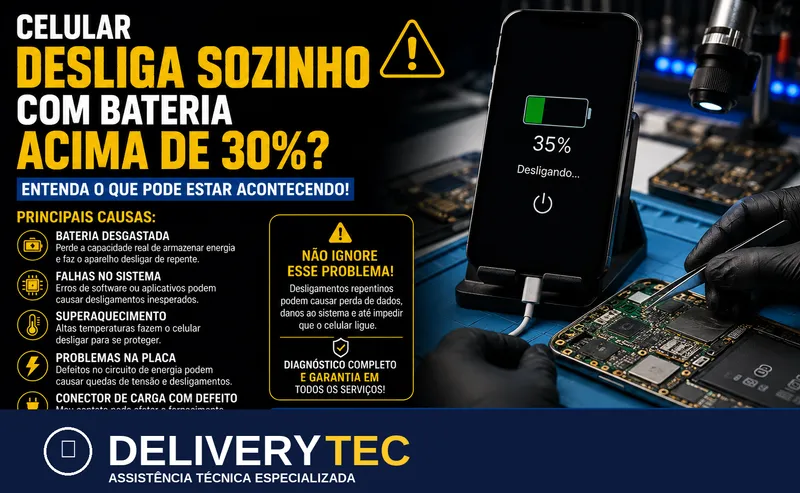 Celular desliga sozinho com 30% de bateria? 6 causas reais — ilustração do artigo da Delivery Tec, assistência técnica de celular em São José do Rio Preto