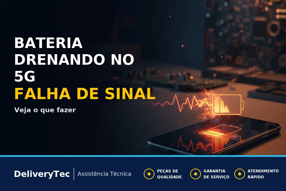 Celular descarrega rápido no 5G mas dura no Wi-Fi? O defeito pode ser o amplificador de sinal — ilustração do artigo da Delivery Tec, assistência técnica de celular em São José do Rio Preto