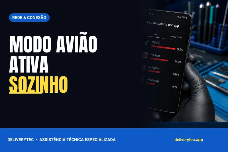 Celular entra em modo avião sozinho? Veja o que pode estar acontecendo — ilustração do artigo da Delivery Tec, assistência técnica de celular em São José do Rio Preto