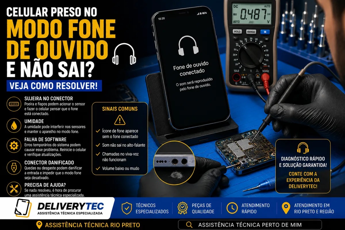 Celular entrou em modo fone de ouvido e não sai? Veja como resolver — ilustração do artigo da Delivery Tec, assistência técnica de celular em São José do Rio Preto