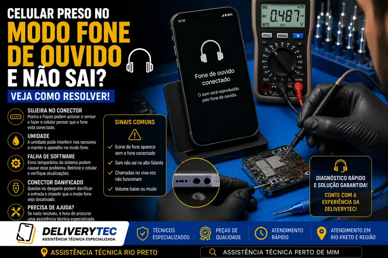 Celular entrou em modo fone de ouvido e não sai? Veja como resolver — ilustração do artigo da Delivery Tec, assistência técnica de celular em São José do Rio Preto