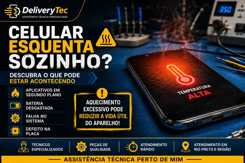 Celular esquenta mesmo sem usar? Descubra o que pode estar acontecendo — ilustração do artigo da Delivery Tec, assistência técnica de celular em São José do Rio Preto