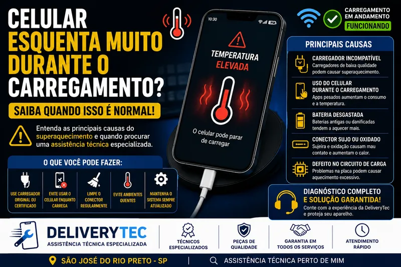Celular esquenta muito durante o carregamento? Saiba quando isso é normal — ilustração do artigo da Delivery Tec, assistência técnica de celular em São José do Rio Preto