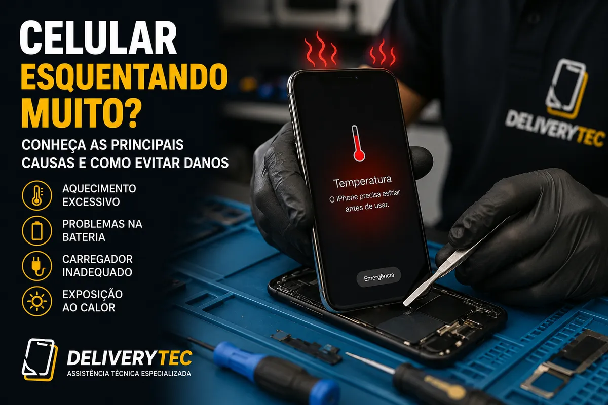 Celular esquentando muito? Conheça as principais causas e como evitar danos — ilustração do artigo da Delivery Tec, assistência técnica de celular em São José do Rio Preto