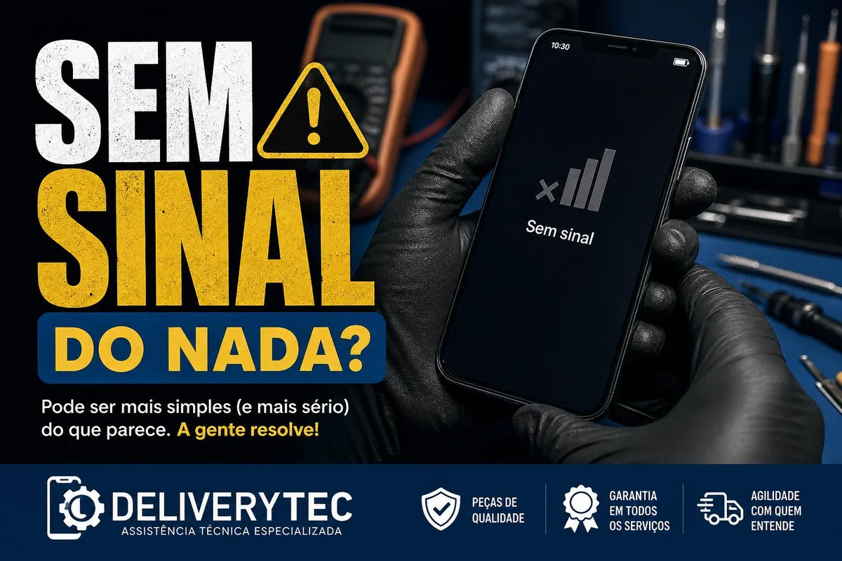 Celular fica sem sinal do nada? 7 causas e como resolver — ilustração do artigo da Delivery Tec, assistência técnica de celular em São José do Rio Preto