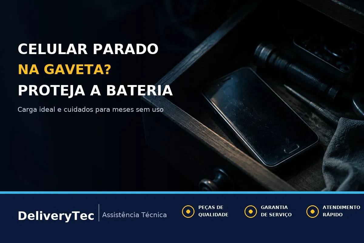 Celular Guardado na Gaveta: Como Armazenar Sem Estragar a Bateria — ilustração do artigo da Delivery Tec, assistência técnica de celular em São José do Rio Preto