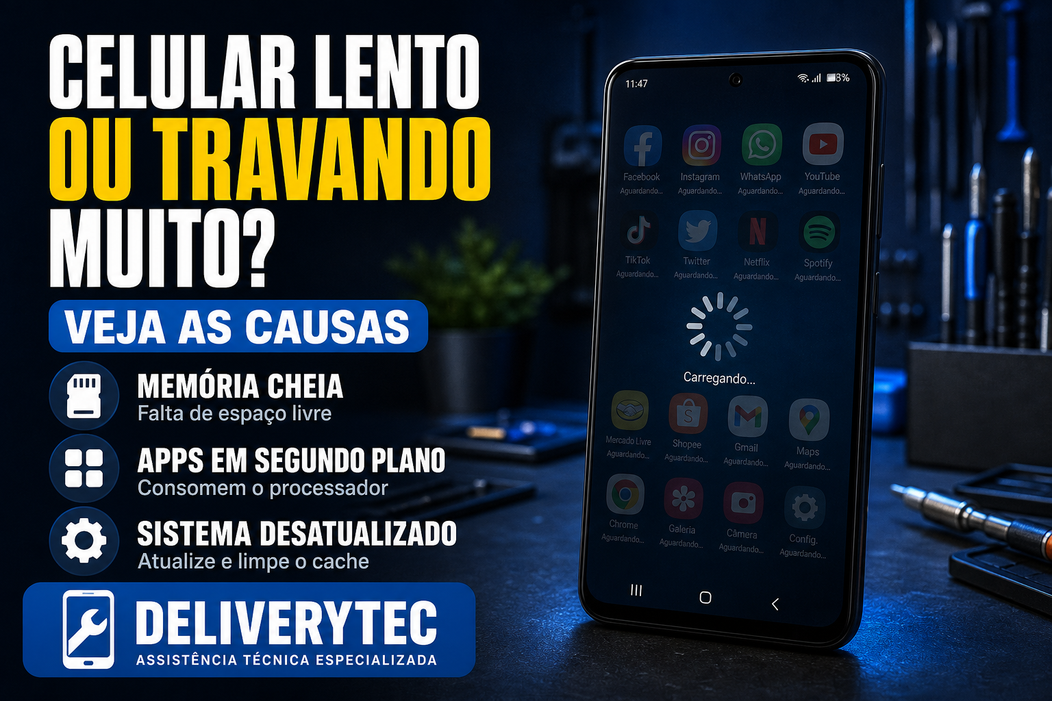 Celular Lento ou Travando Muito? Veja as Causas — ilustração do artigo da Delivery Tec, assistência técnica de celular em São José do Rio Preto